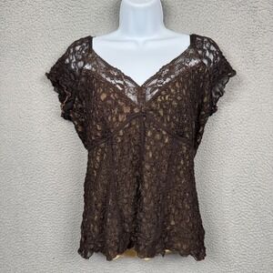NY & Co Top Womens L Brown Lace Overlay Babydoll Forest Fairy Grunge Y2K